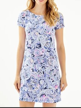 Paisley Floral Short Sleeve Shift Dress in Blue and Pink